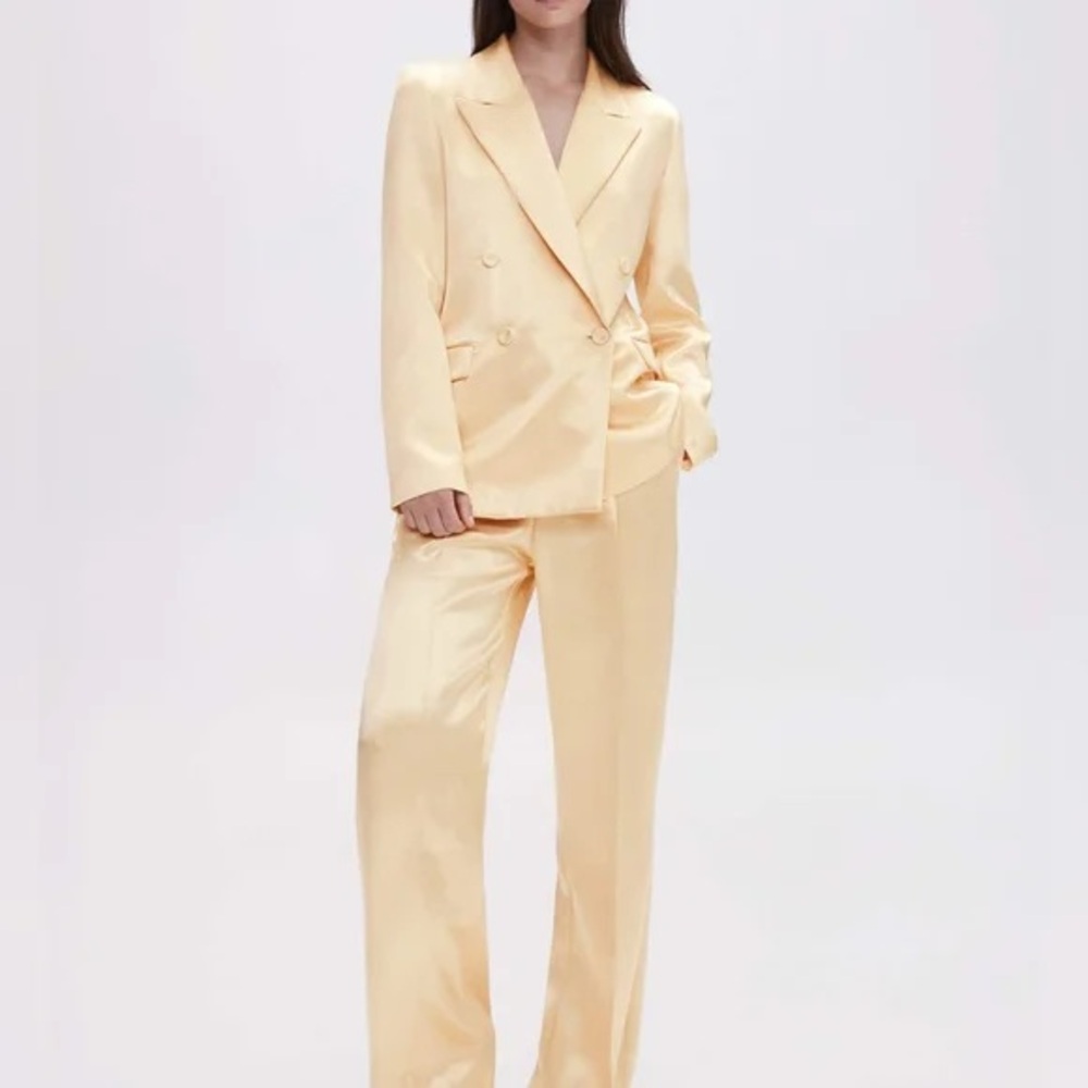 Mango Cream Satin Double-Breasted Blazer & Wide-Leg Pants SET